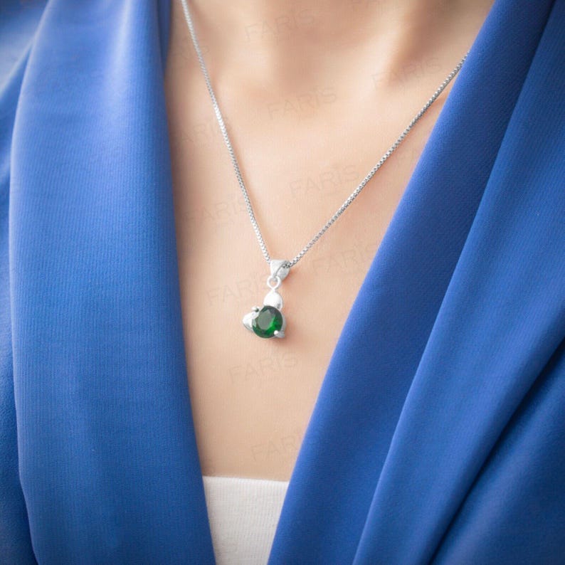 Round Cut Green Emerald Gemstone Pendant and Earring Set Bunny Ear Gift