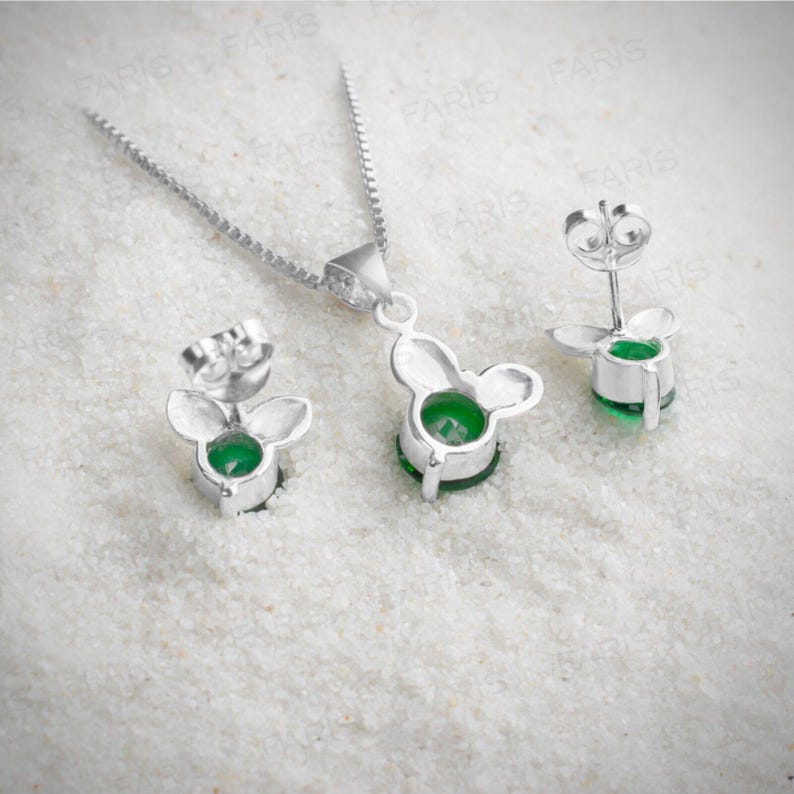 Round Cut Green Emerald Gemstone Pendant and Earring Set Bunny Ear Gift