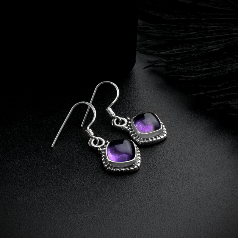 925 Sterling Silver Amethyst Gemstone Cushion Cut Drop Dangle Ladies Earrings