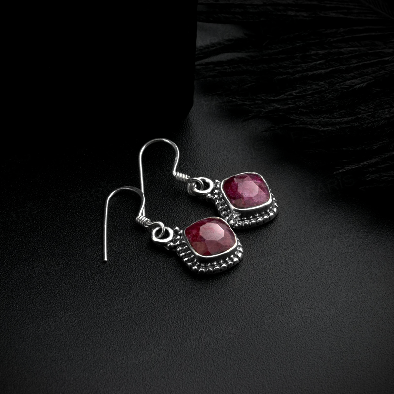 925 Sterling Silver Red Ruby Gemstone Cushion Cut Drop Dangle Ladies Earrings