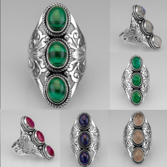 925 Sterling Silver Ladies Multi Stone Ring Moonstone Malachite Emerald Gemstone