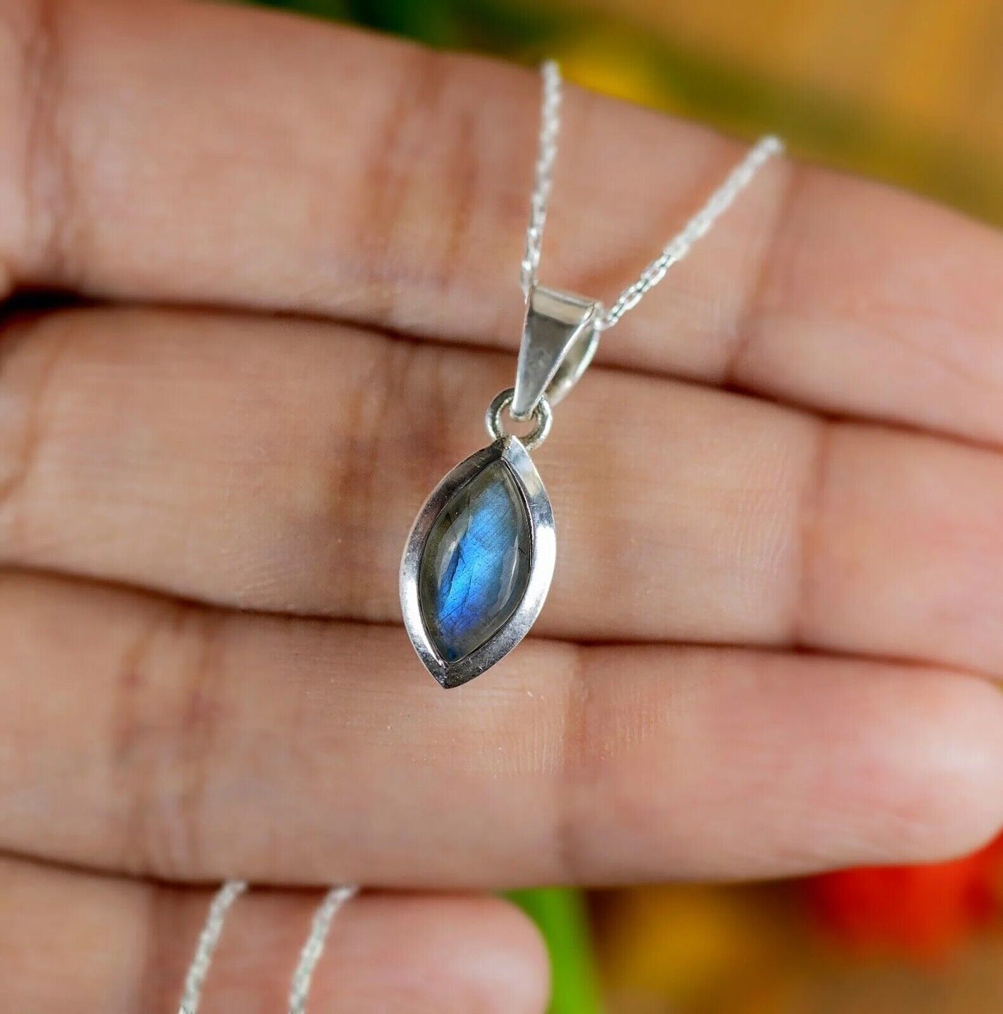Sterling Silver 925 Marquise Cut Labradorite Pendant Necklace Ladies Jewellery