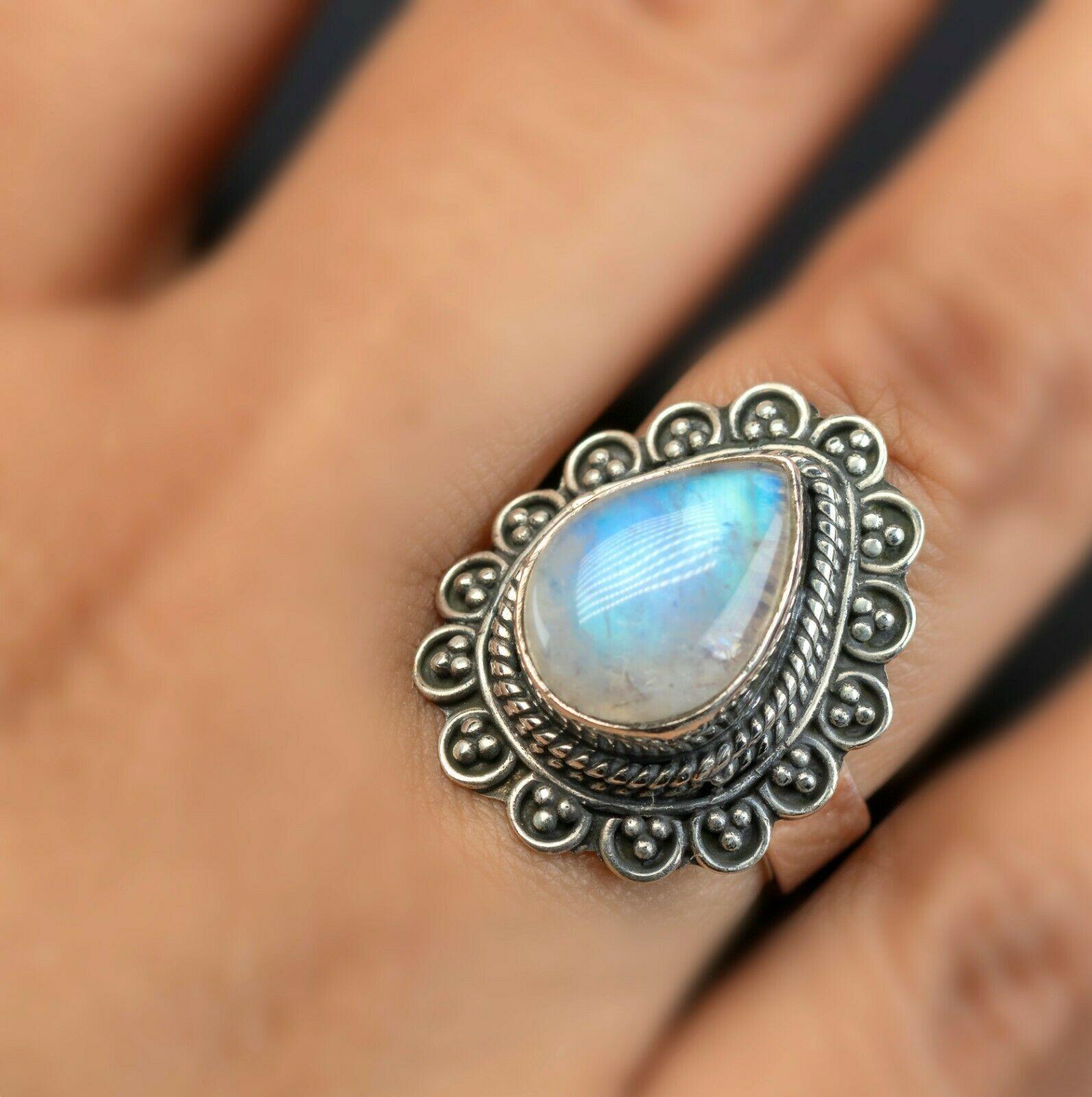 Beautiful 925 Sterling Silver Ladies Moonstone Pear Gemstone Ring Jewellery Gift - Faris Jewels
