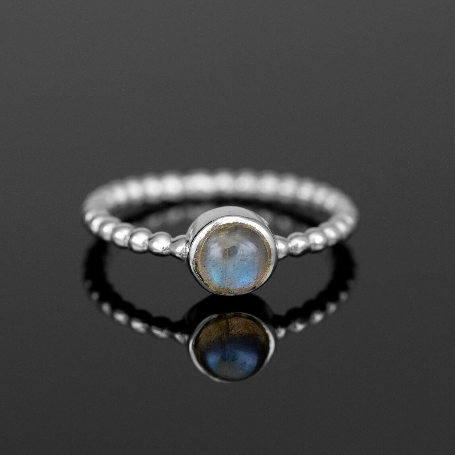 925 Sterling Silver Black Onyx Labradorite Round Gemstone Ladies Bubble Ring