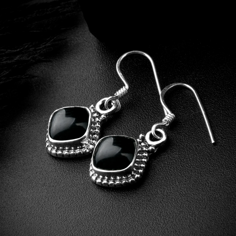 925 Sterling Silver Black Onyx Gemstone Cushion Cut Drop Dangle Ladies Earrings