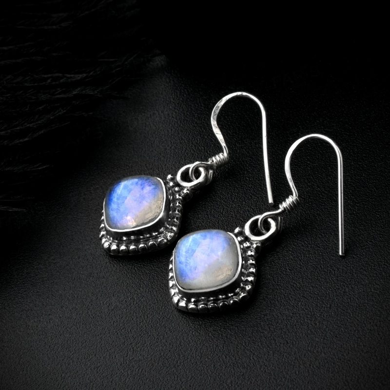 925 Sterling Silver Moonstone Gemstone Cushion Cut Drop Dangle Ladies Earrings