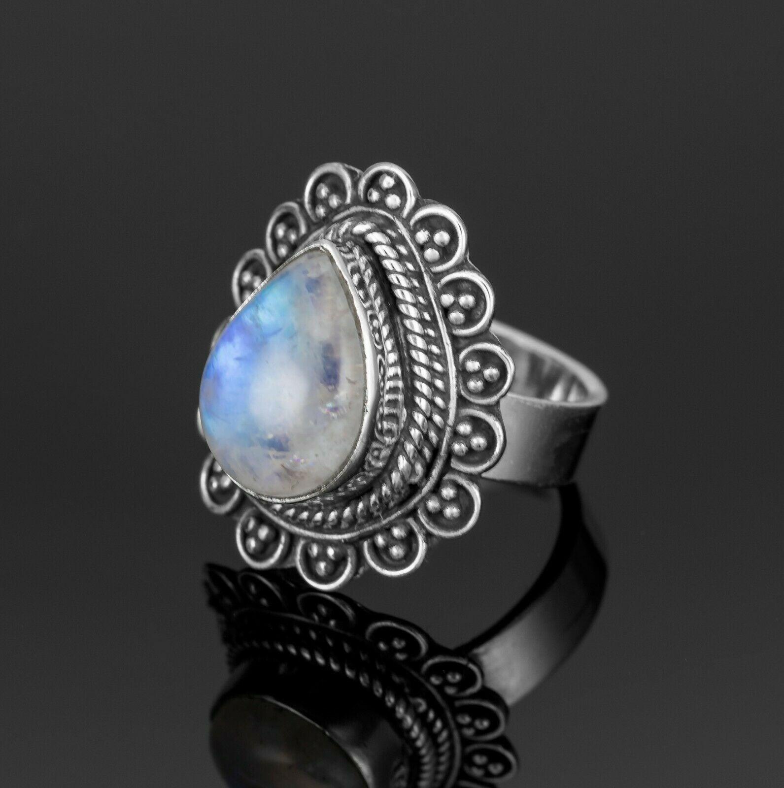 Beautiful 925 Sterling Silver Ladies Moonstone Pear Gemstone Ring Jewellery Gift - Faris Jewels