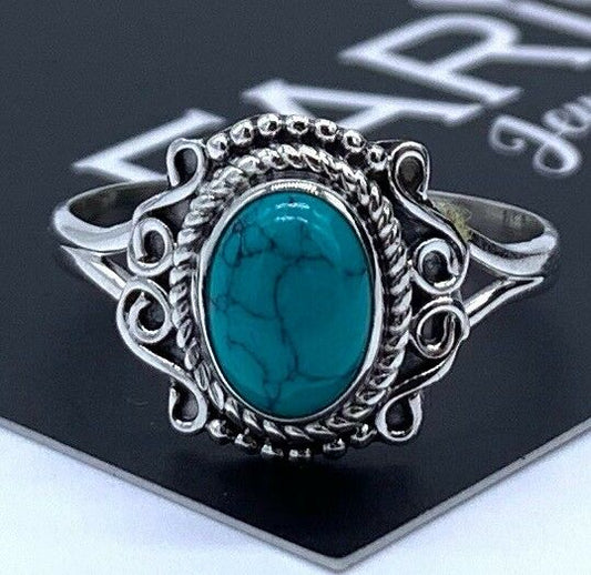 925 Stamped Sterling Silver Ladies Turquoise Oval Ring Gemstone Jewellery Gift - Faris Jewels