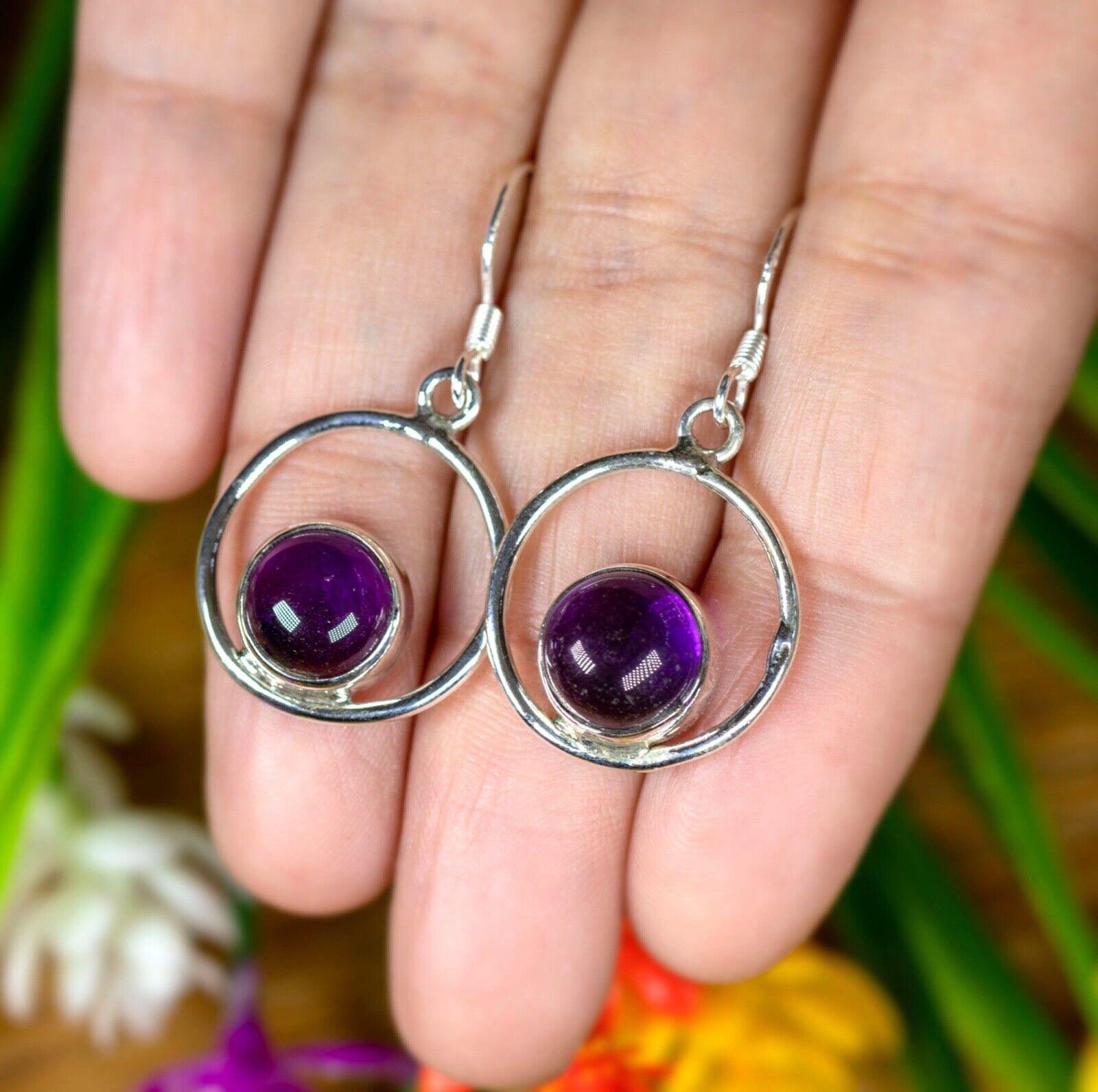 925 Sterling Silver Amethyst Round Hoop Drop Dangle Earrings Gemstone Jewellery