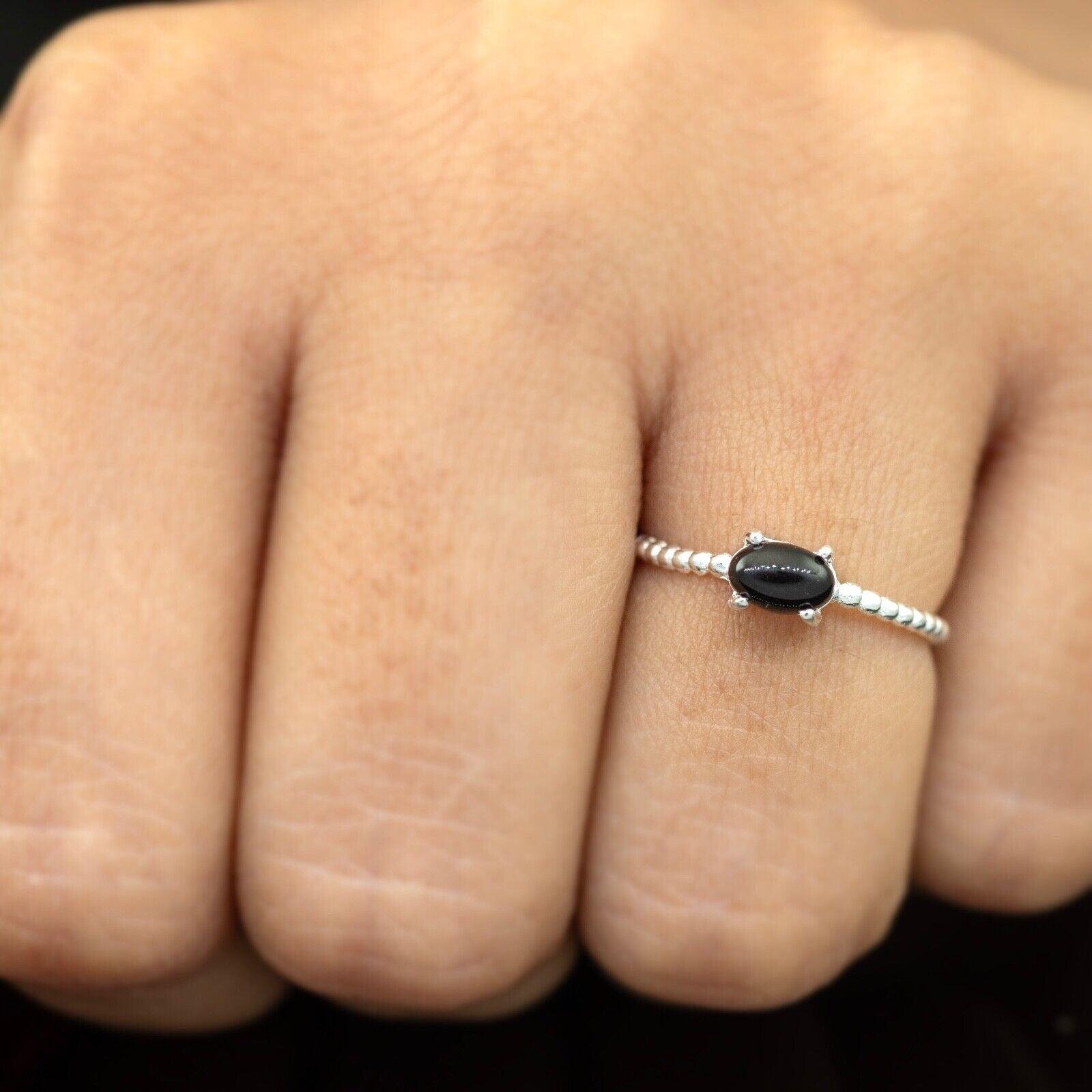 925 Sterling Silver Black Onyx Oval Gemstone Ribbed Bubble Ladies Ring Gift Box