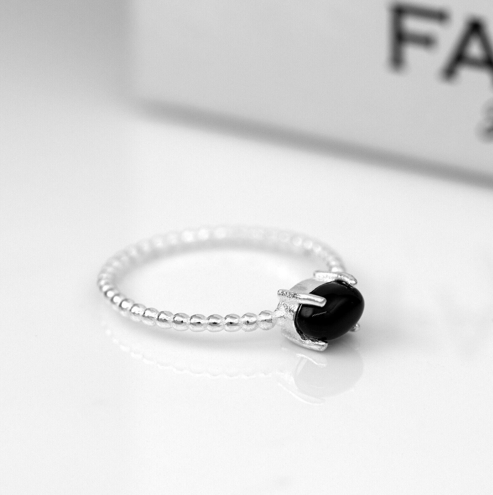 925 Sterling Silver Black Onyx Oval Gemstone Ribbed Bubble Ladies Ring Gift Box