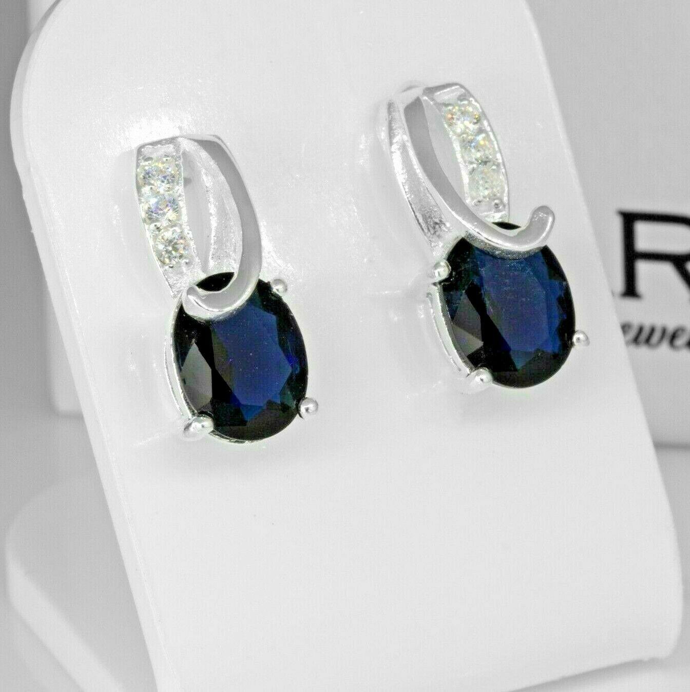 925 Sterling Silver Cubic Zirconia CZ & Blue Sapphire Ladies Dangle Earrings