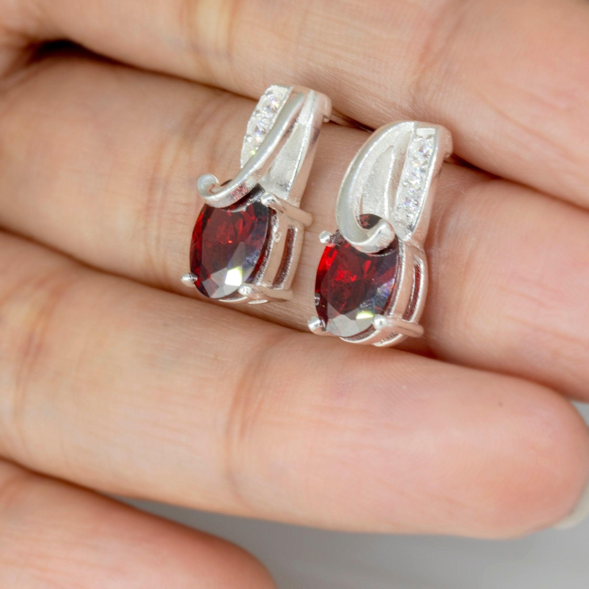925 Sterling Silver Cubic Zirconia CZ & Red Garnet Ladies Dangle Earrings Jewellery Gift Boxed Man-made Diamond Gemstone Jewelry
