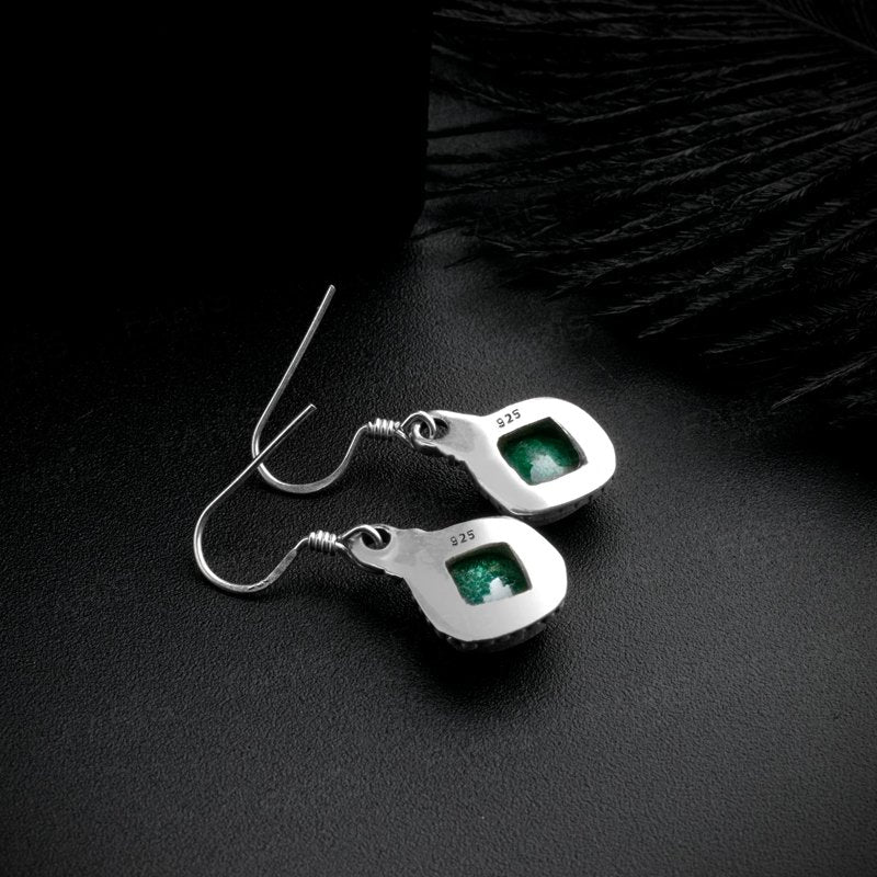 925 Sterling Silver Emerald Gemstone Cushion Cut Drop Dangle Ladies Earrings