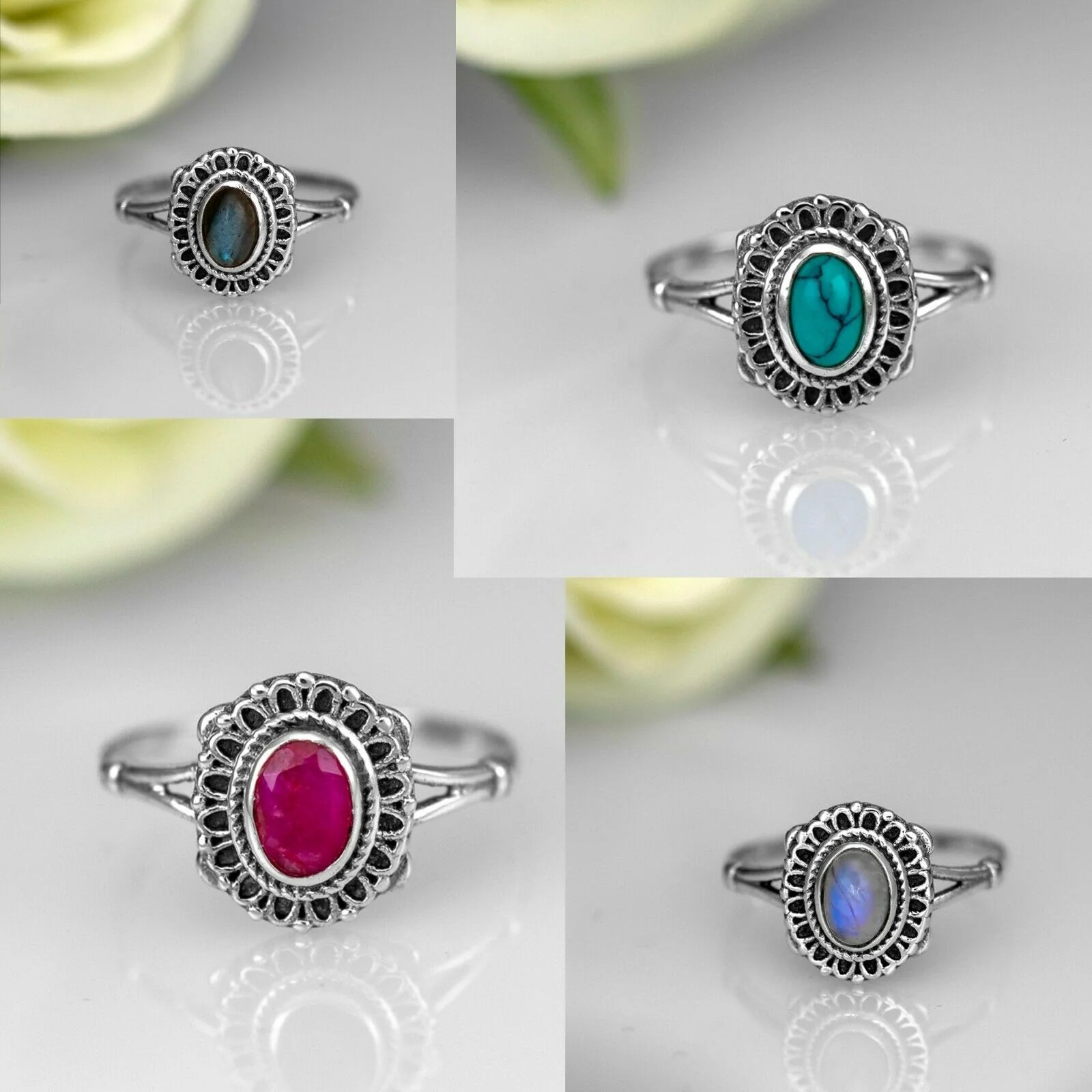 925 Sterling Silver EMERALD RUBY TURQUOISE Gemstone Ladies Ring Jewellery Gift