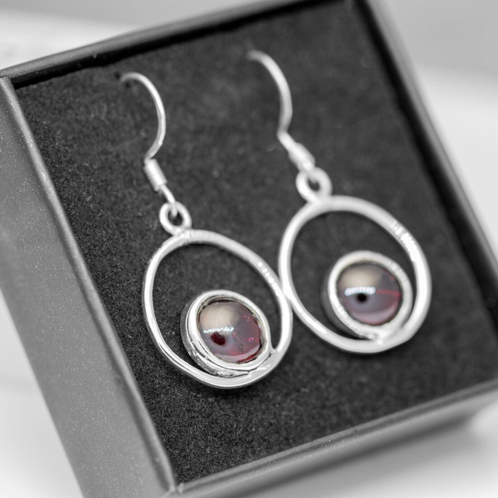 925 Sterling Silver Garnet Round Hoop Drop Dangle Earrings Gemstone Jewellery