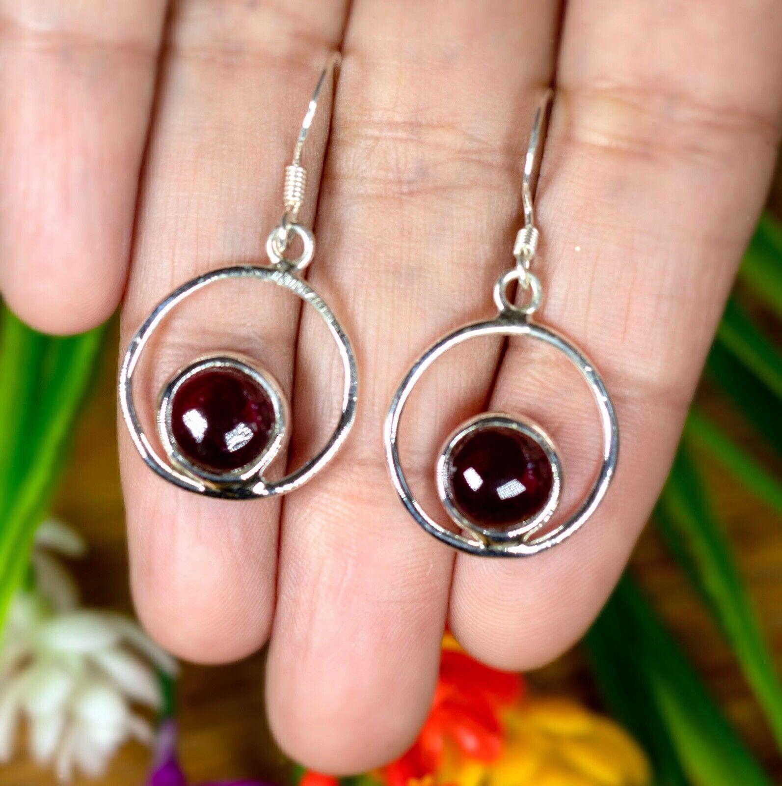925 Sterling Silver Garnet Round Hoop Drop Dangle Earrings Gemstone Jewellery