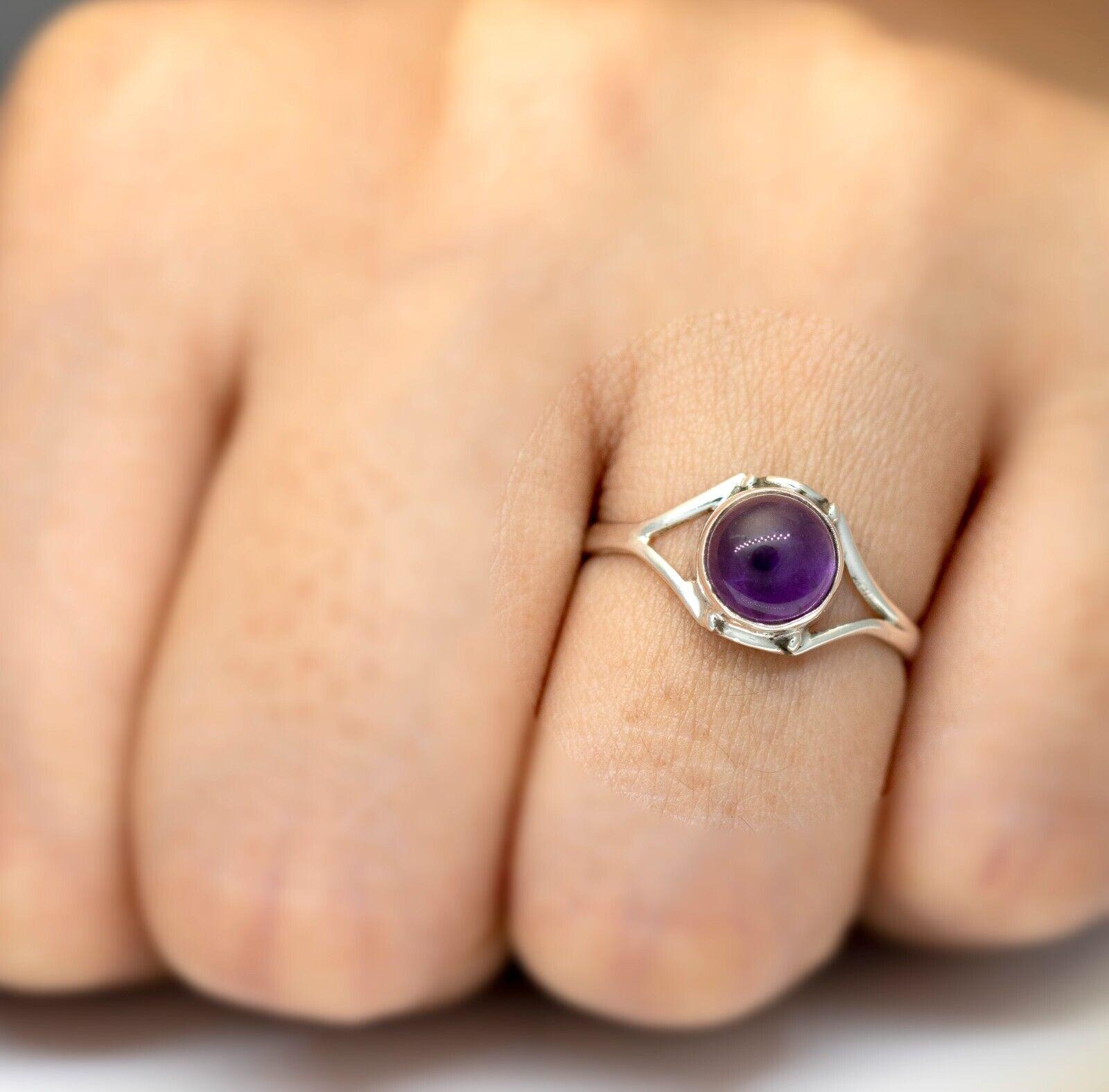 925 Sterling Silver Gemstone Round Purple Amethyst Crystal Ladies Ring Jewellery