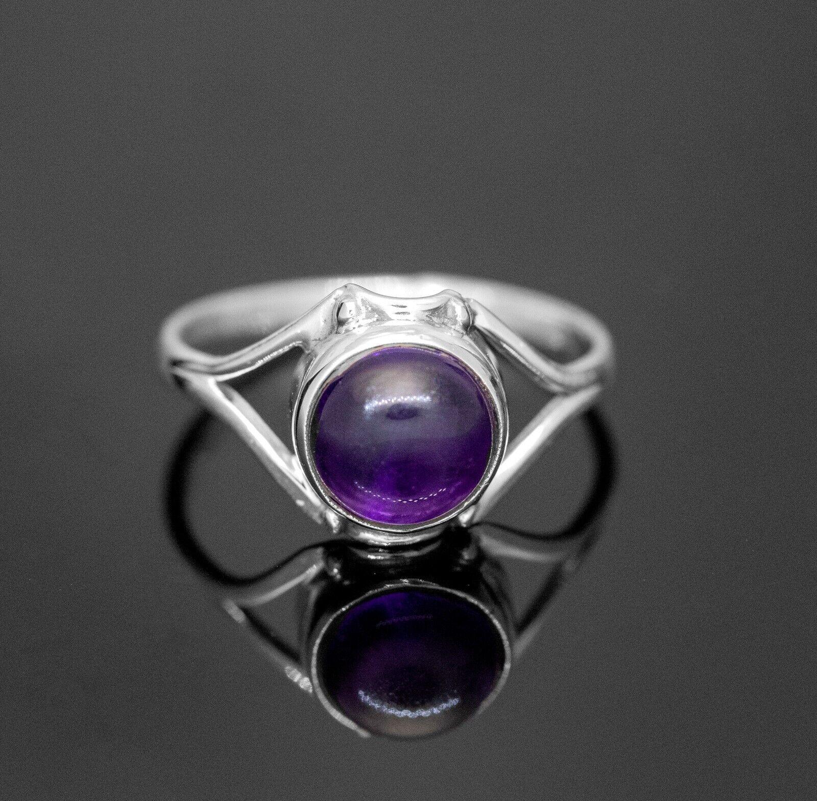 925 Sterling Silver Gemstone Round Purple Amethyst Crystal Ladies Ring Jewellery