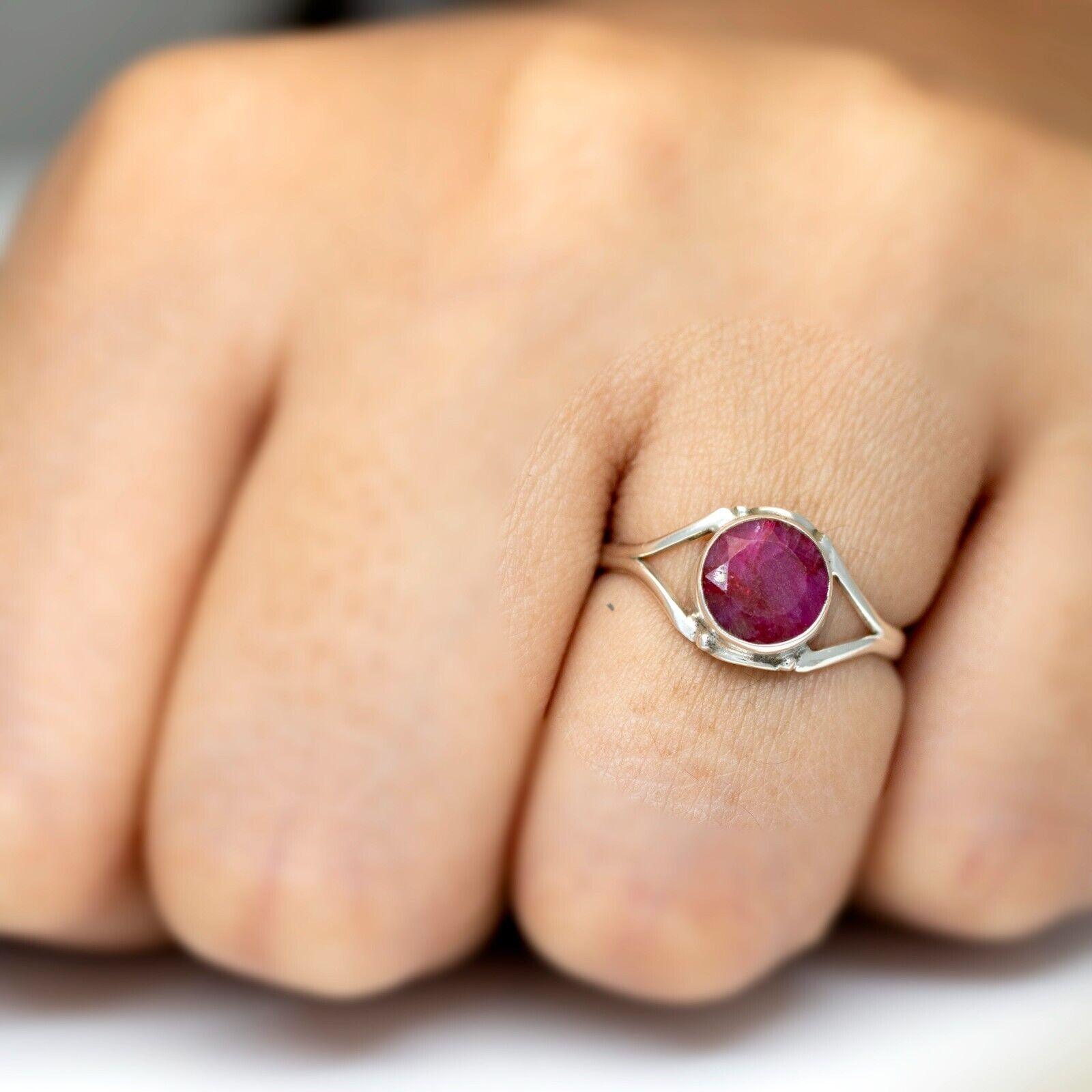 925 Sterling Silver Gemstone Round Red Ruby Crystal Ladies Ring Jewellery Gift