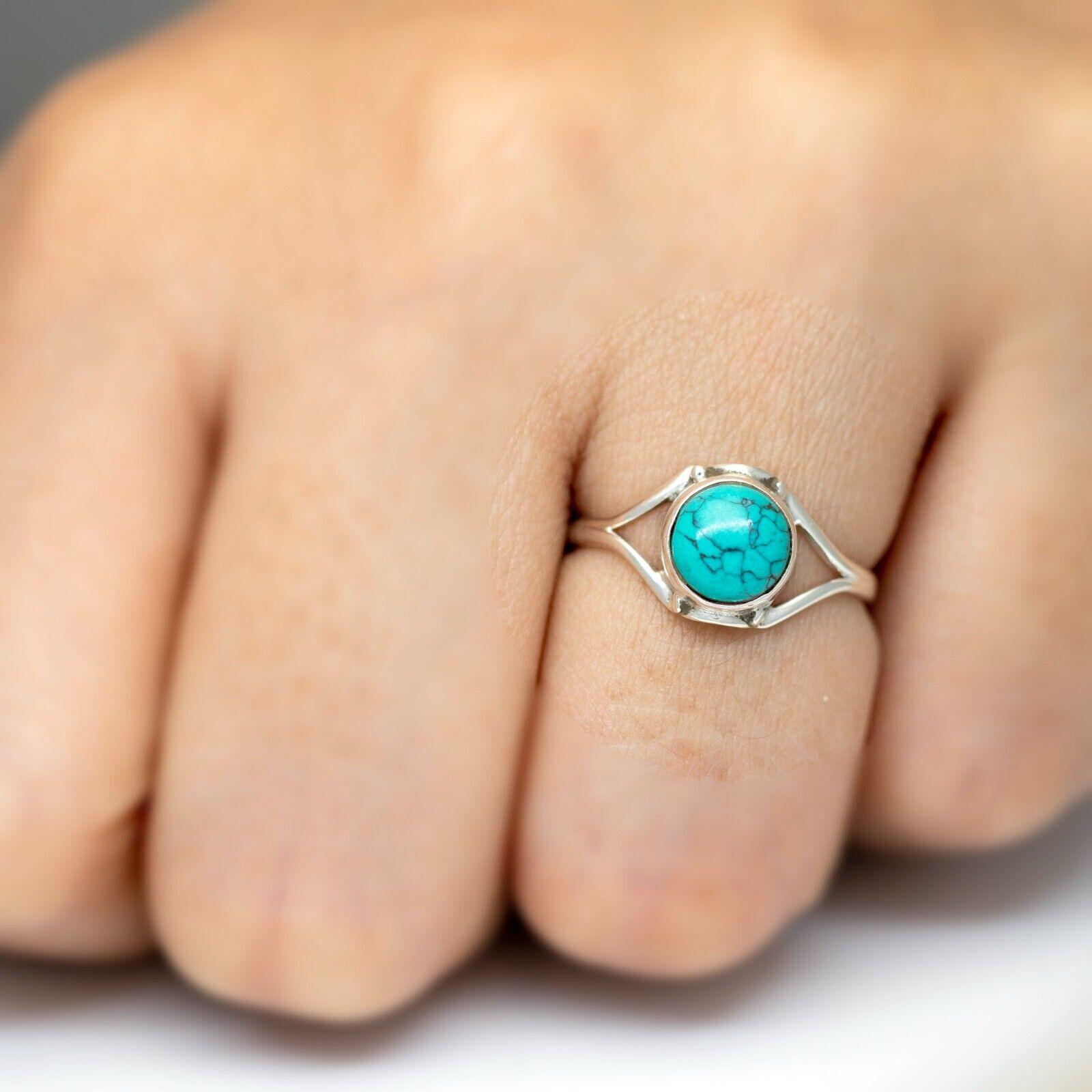 925 Sterling Silver Gemstone Round Turquoise Crystal Ladies Ring Jewellery Gift