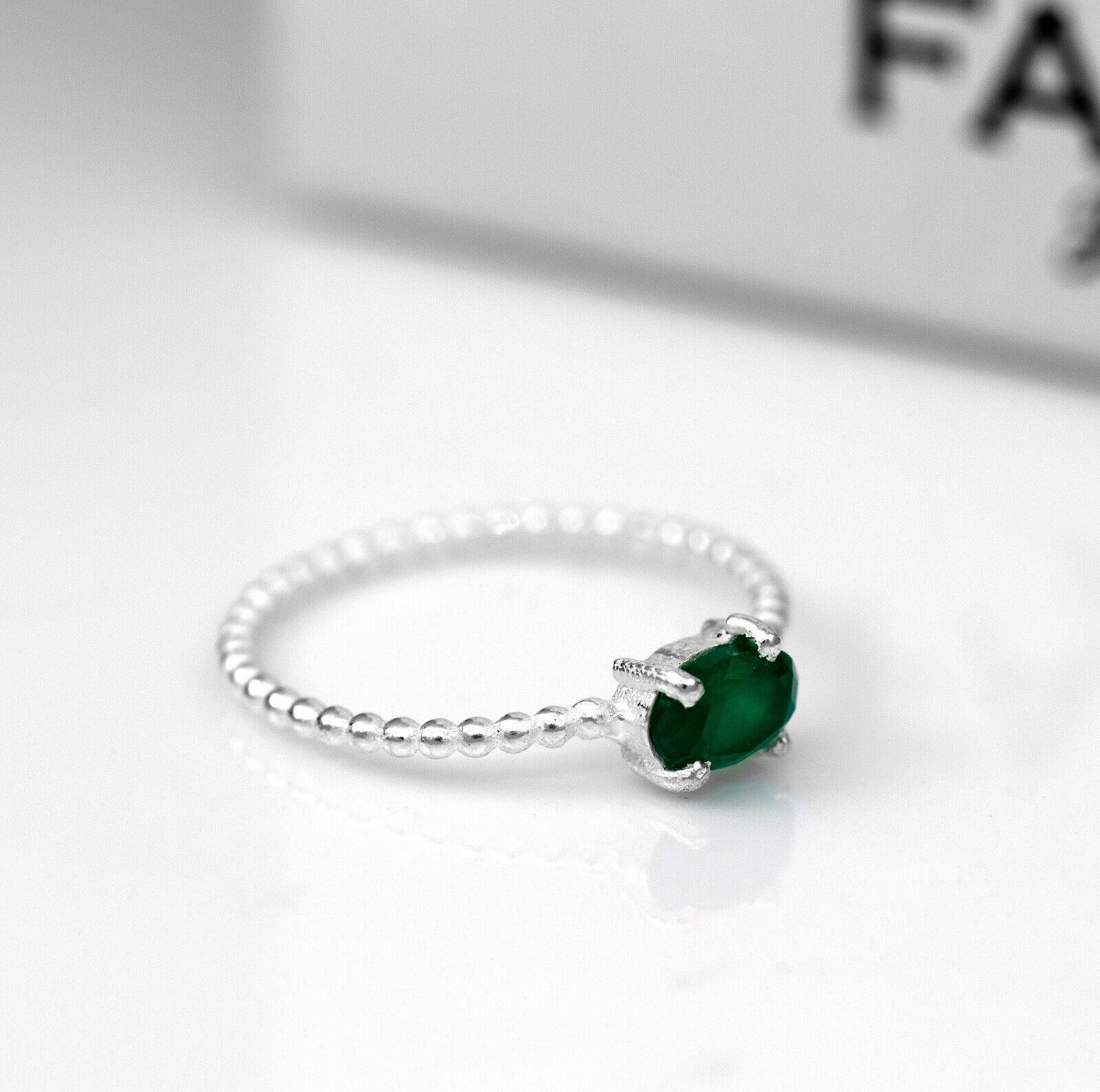 925 Sterling Silver Lab Created Emerald Oval Gemstone Ribbed Bubble Ladies Ring