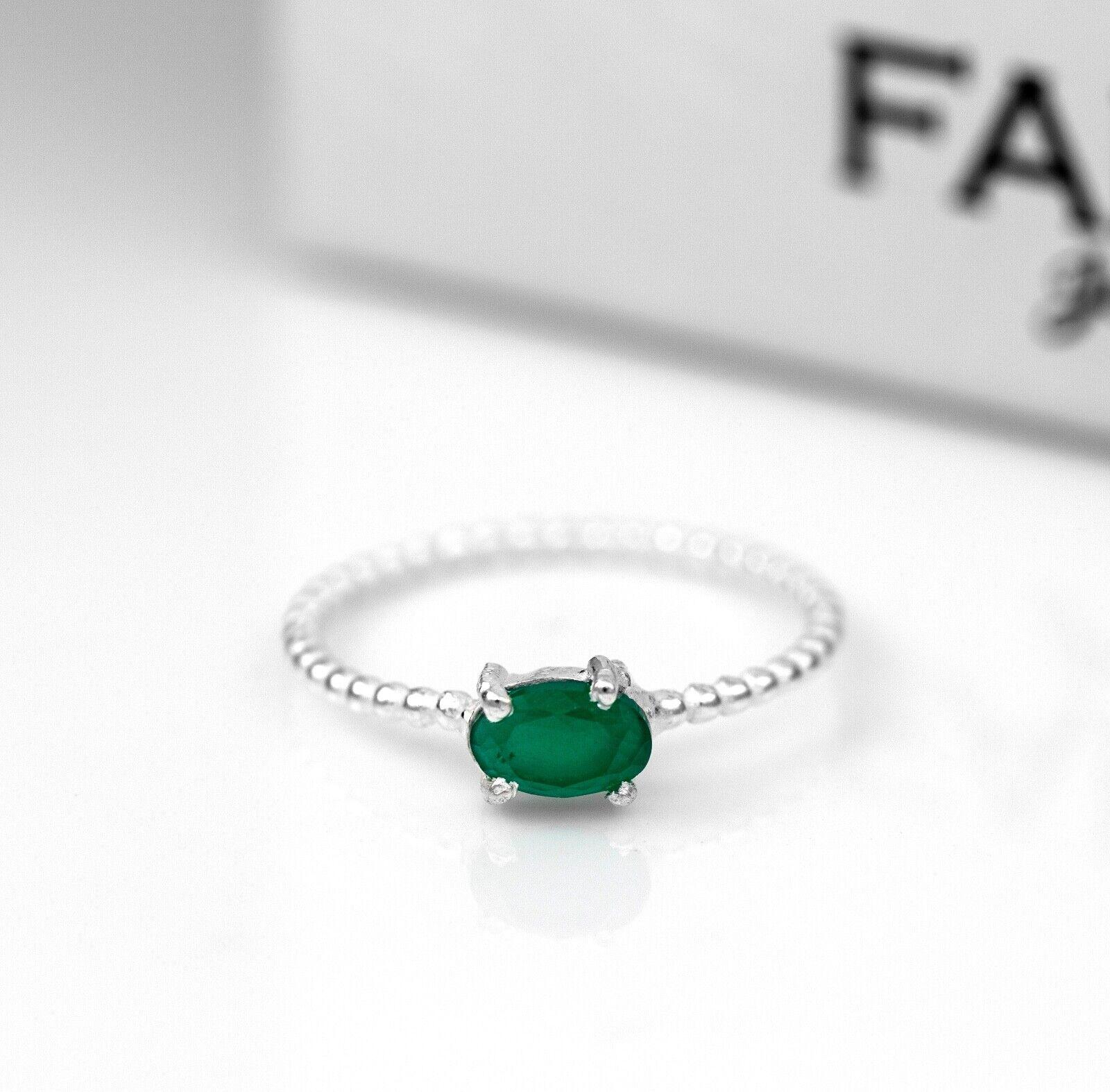 925 Sterling Silver Lab Created Emerald Oval Gemstone Ribbed Bubble Ladies Ring