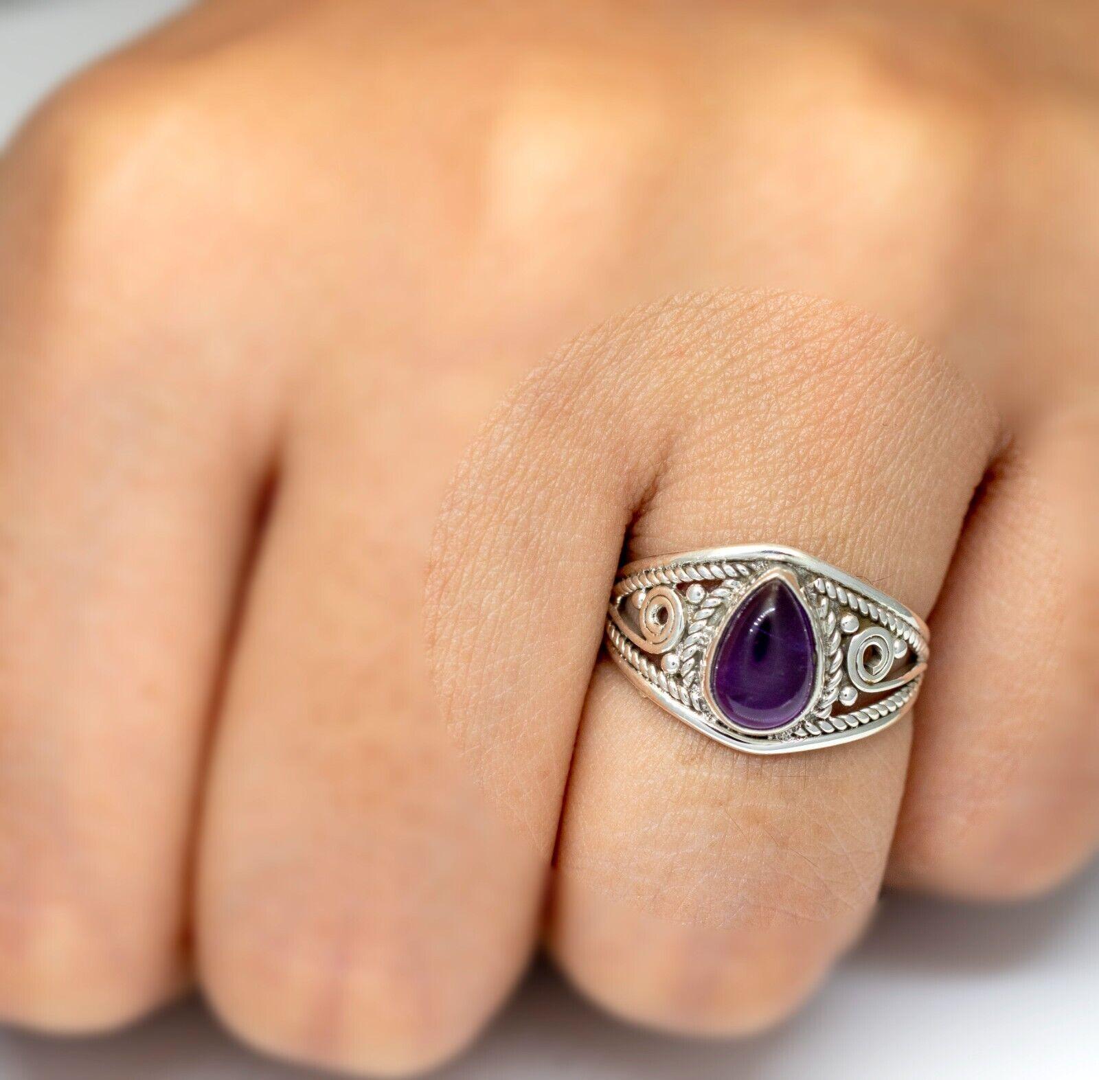 925 Sterling Silver Ladies Purple Amethy Pear Gemstone Ring Gift Boxed Jewellery