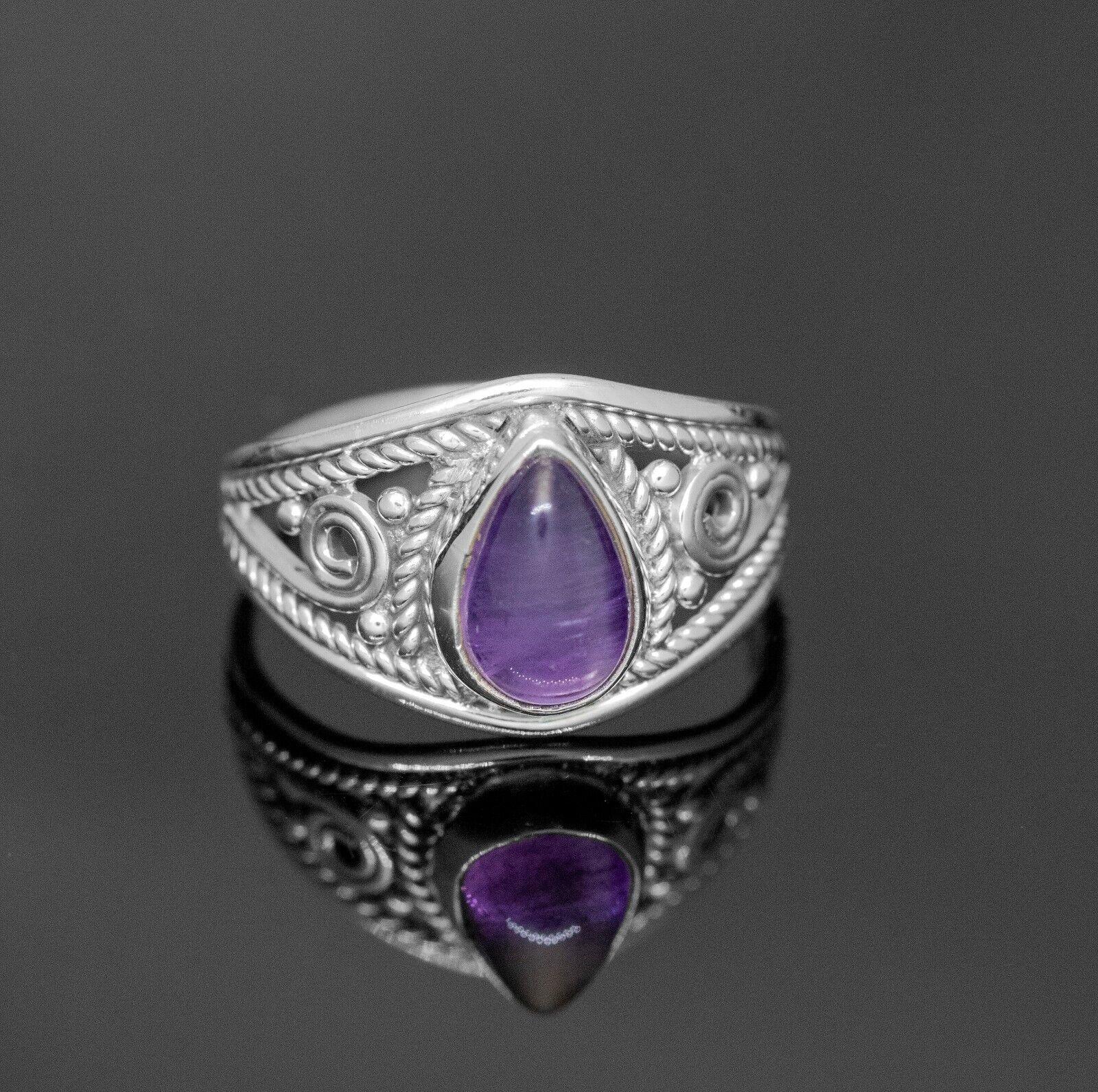 925 Sterling Silver Ladies Purple Amethy Pear Gemstone Ring Gift Boxed Jewellery