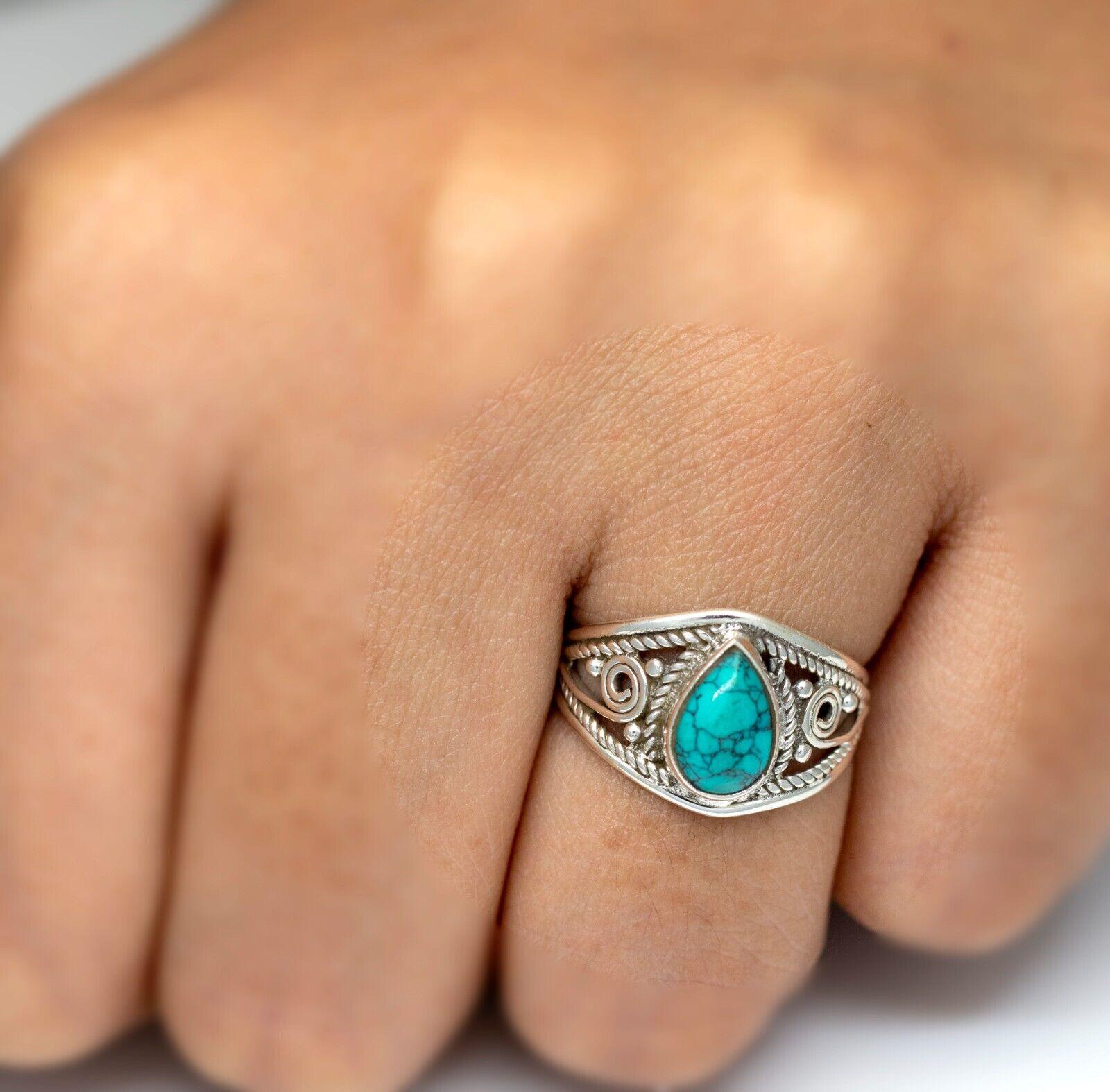 925 Sterling Silver Ladies Turquoise Pear Gemstone Ring Gift Boxed Jewellery