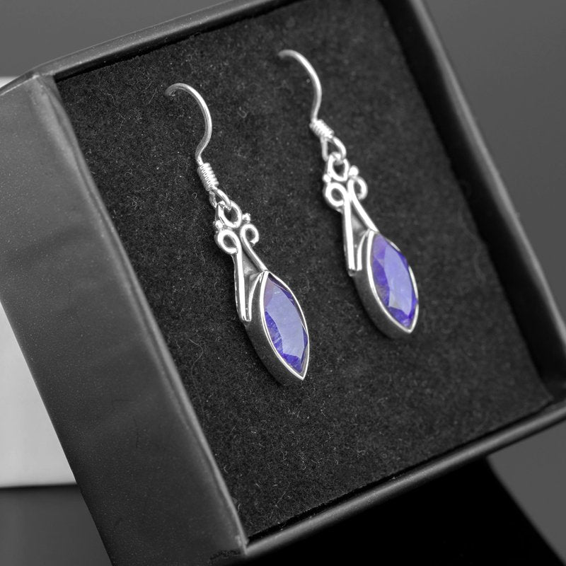 925 Sterling Silver Marquise Cut Blue Sapphire Gemstone Drop Dangle Ladies Earrings Jewellery Gift Boxed Jewelry