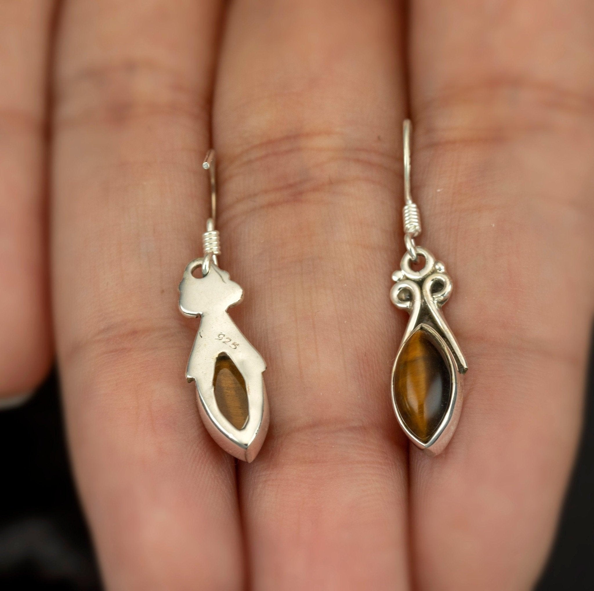 925 Sterling Silver Marquise Cut Brown Tiger's Eye Gemstone Drop Dangle Ladies Earrings Jewellery Gift Boxed Jewelry