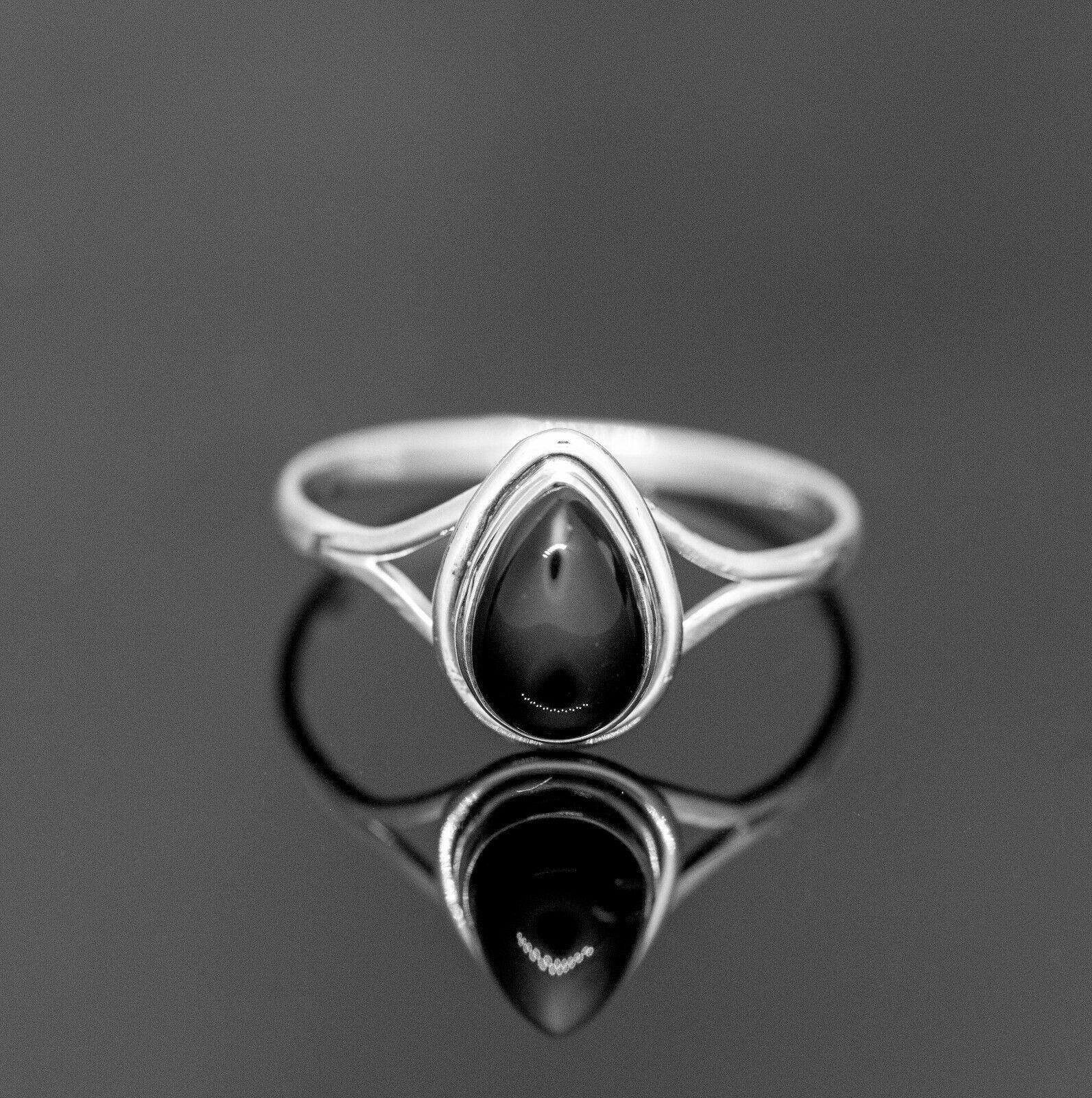 925 Sterling Silver Pear Cut Black Onyx Ring Ladies Crystal Jewellery Gift