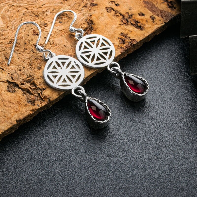 925 Sterling Silver Pear Cut Garnet Gemstone Drop Dangle Ladies Mandala Earrings