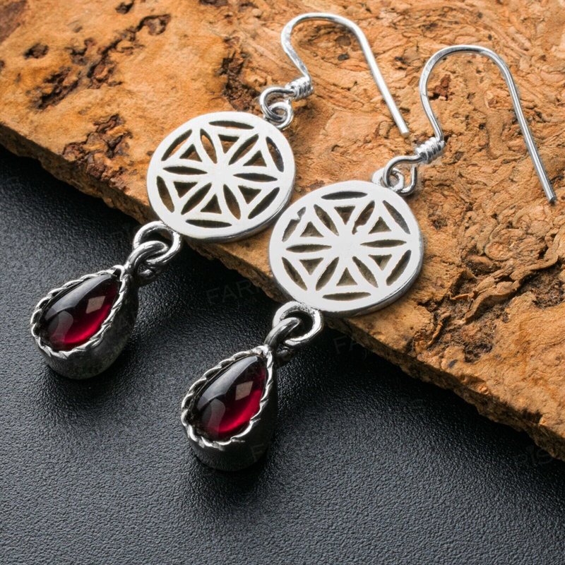 925 Sterling Silver Pear Cut Garnet Gemstone Drop Dangle Ladies Mandala Earrings