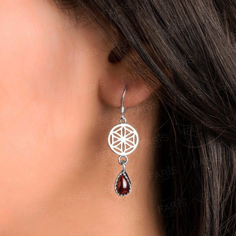 925 Sterling Silver Pear Cut Garnet Gemstone Drop Dangle Ladies Mandala Earrings