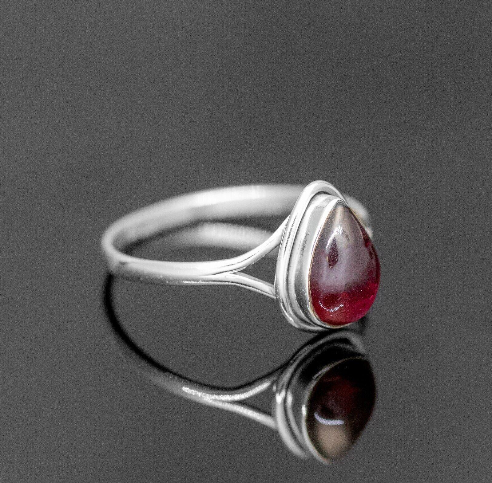 925 Sterling Silver Pear Cut Red Garnet Ring Ladies Crystal Jewellery Gift
