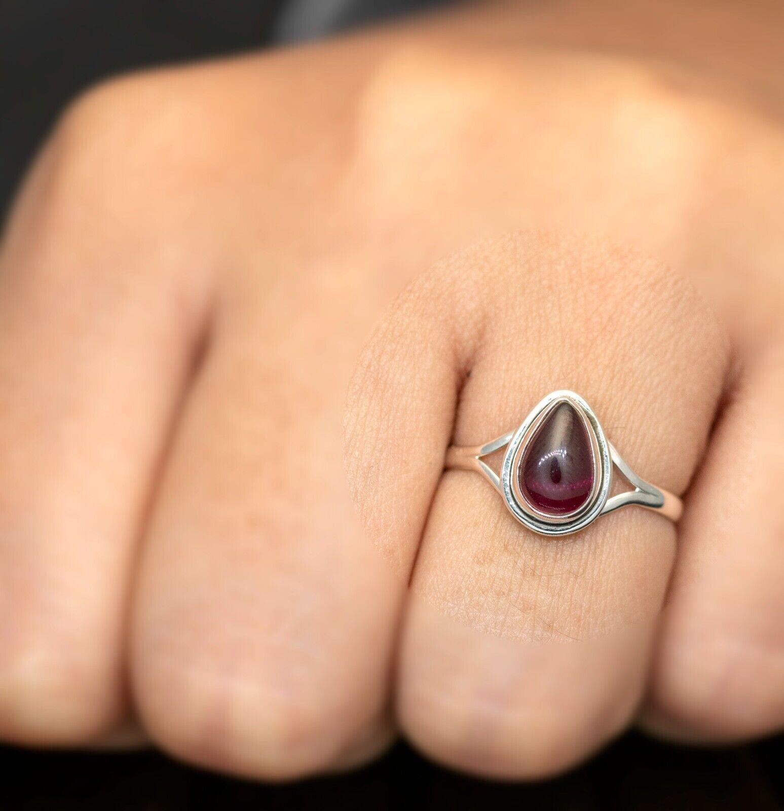 925 Sterling Silver Pear Cut Red Garnet Ring Ladies Crystal Jewellery Gift