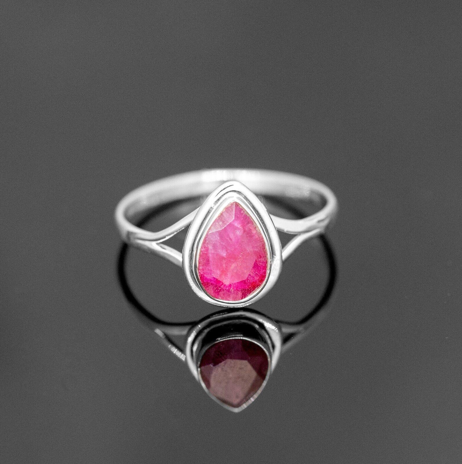 925 Sterling Silver Pear Cut Red Ruby Ring Ladies Crystal Jewellery Gift