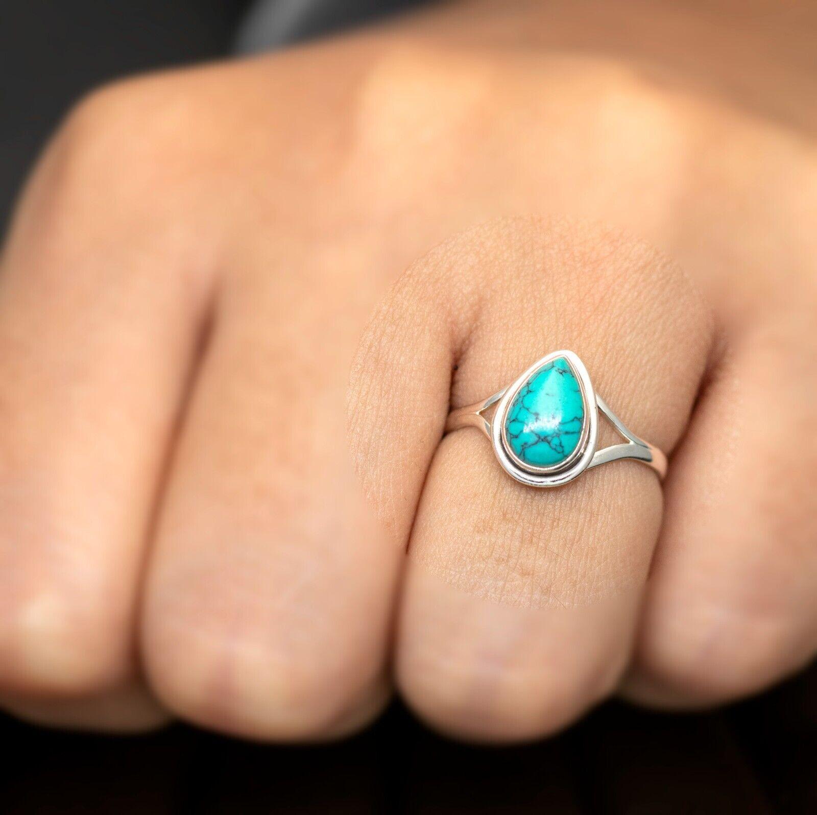 925 Sterling Silver Pear Cut Turquoise Ring Ladies Crystal Jewellery Gift