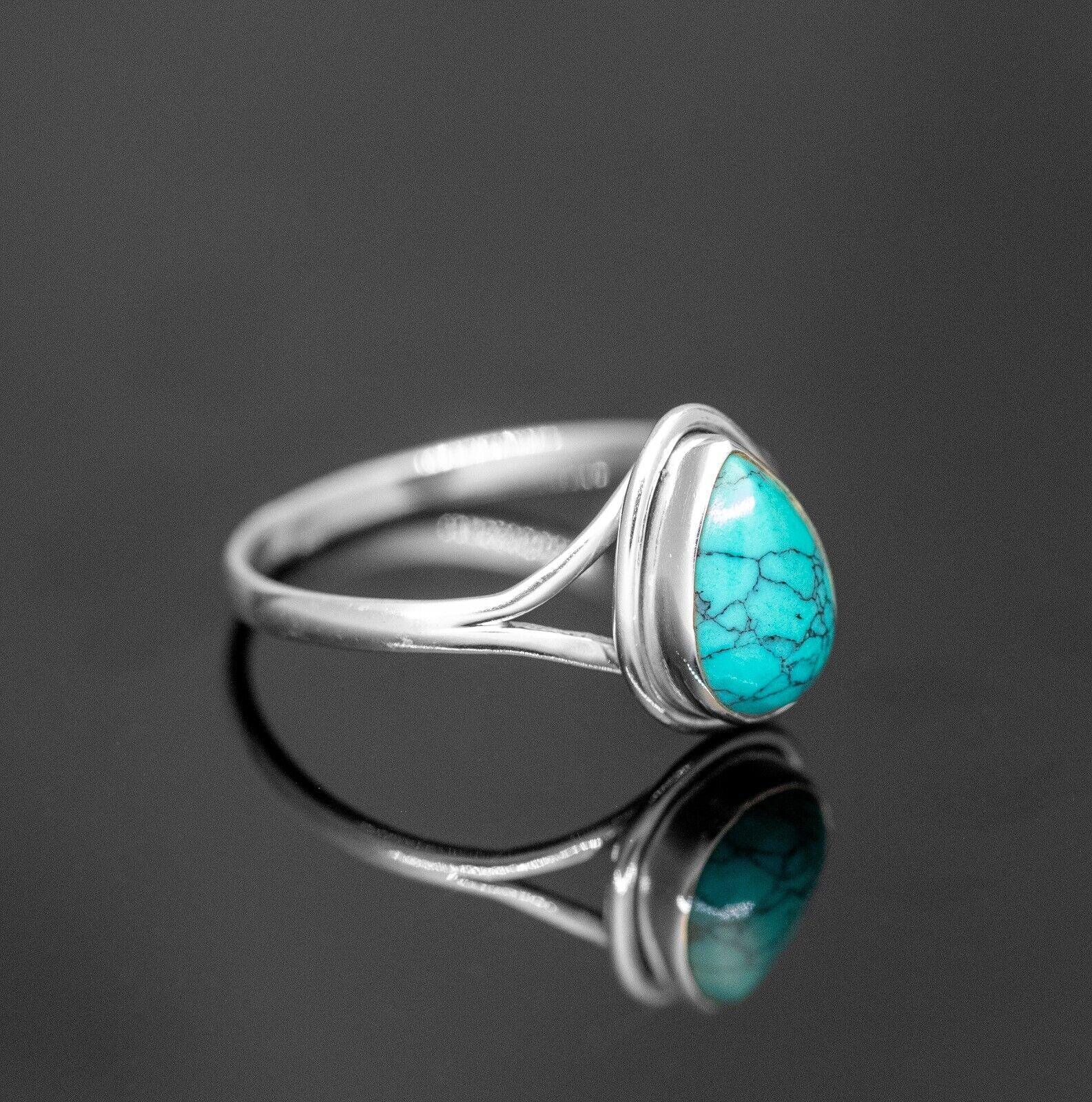 925 Sterling Silver Pear Cut Turquoise Ring Ladies Crystal Jewellery Gift