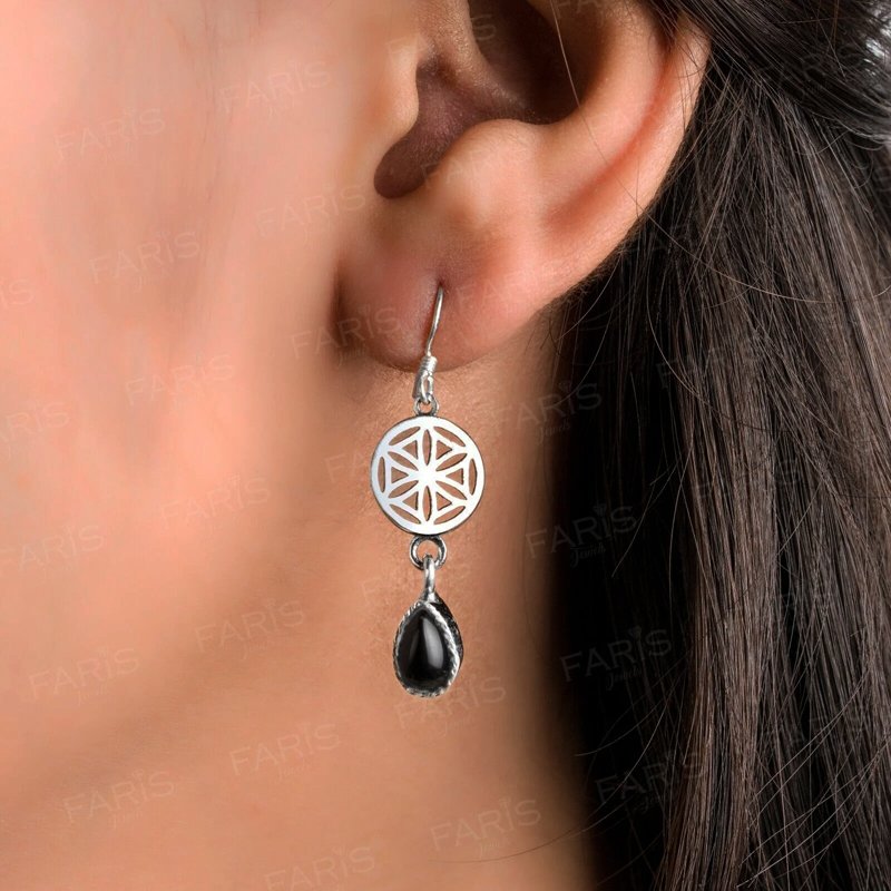 925 Sterling Silver Pear Onyx Gemstone Drop Dangle Ladies Mandala Earrings