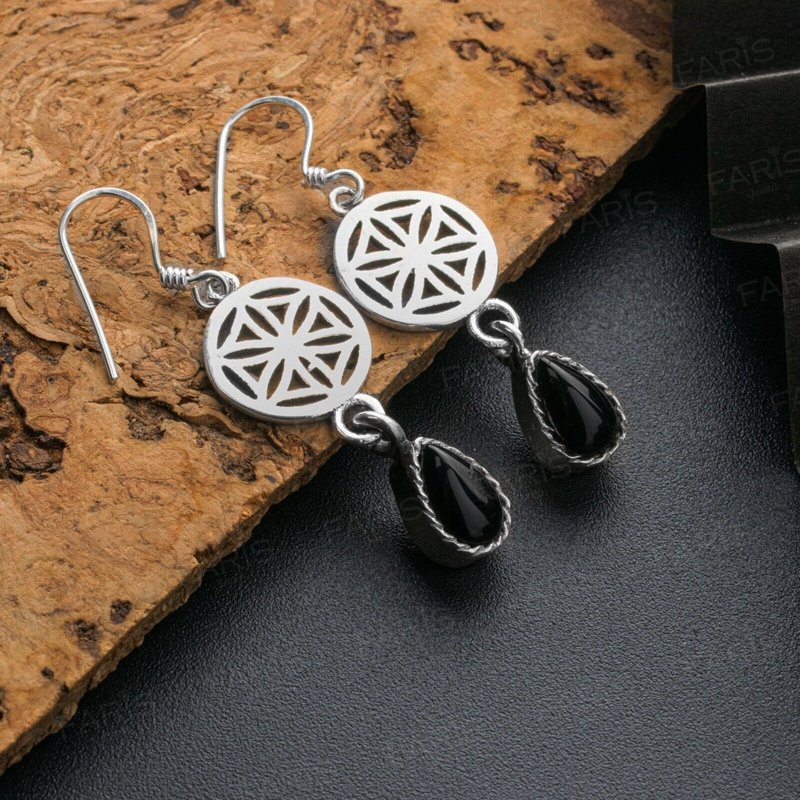 925 Sterling Silver Pear Onyx Gemstone Drop Dangle Ladies Mandala Earrings