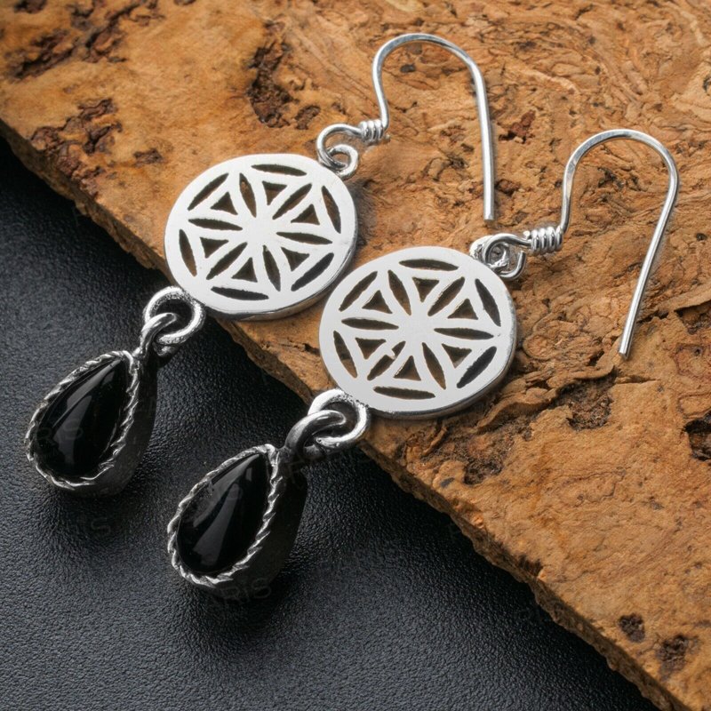 925 Sterling Silver Pear Onyx Gemstone Drop Dangle Ladies Mandala Earrings