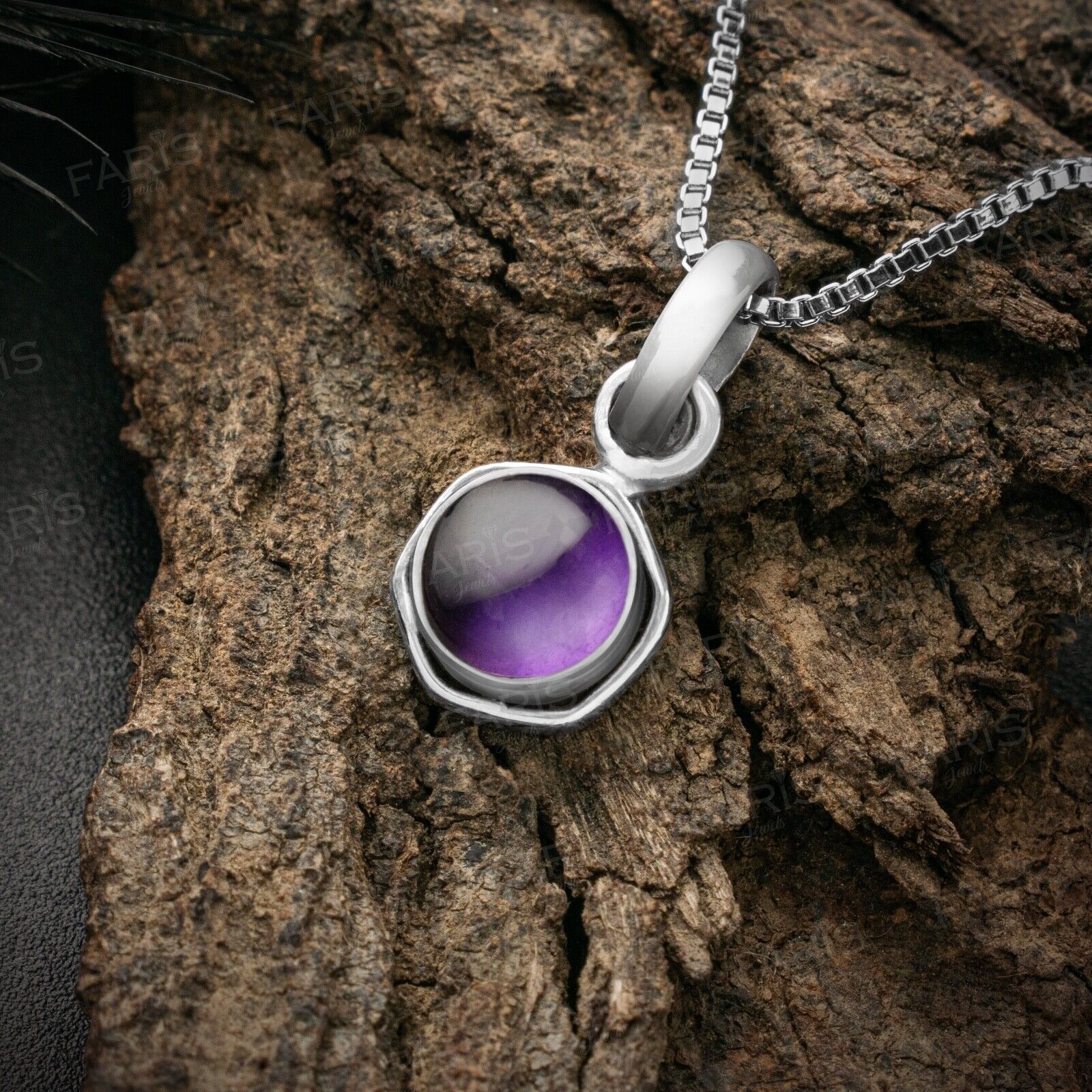 925 Sterling Silver Purple Amethyst Gemstone Ladies Hexagon Pendant Necklace