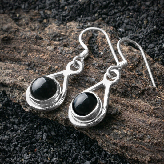925 Sterling Silver Round Black Onyx Gemstone Drop Dangle Ladies Earrings - Faris Jewels