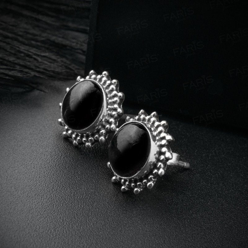 925 Sterling Silver Round Black Onyx Sun Stud Ladies Earrings Jewellery Gift