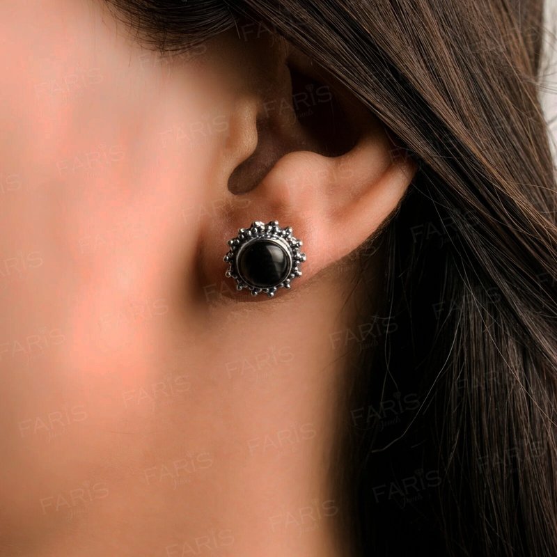 925 Sterling Silver Round Black Onyx Sun Stud Ladies Earrings Jewellery Gift