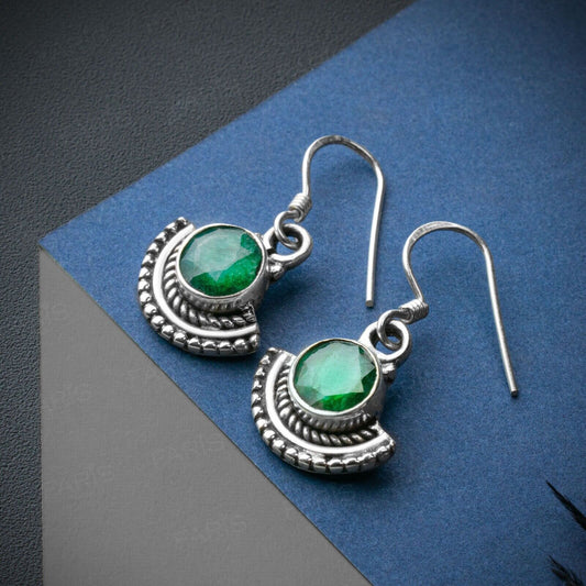 925 Sterling Silver Round Cut Emerald Gemstone Drop Dangle Ladies Fan Earrings - Faris Jewels