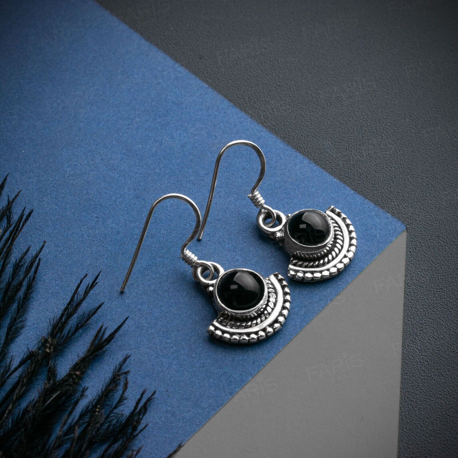925 Sterling Silver Round Cut Onyx Gemstone Drop Dangle Ladies Fan Earrings